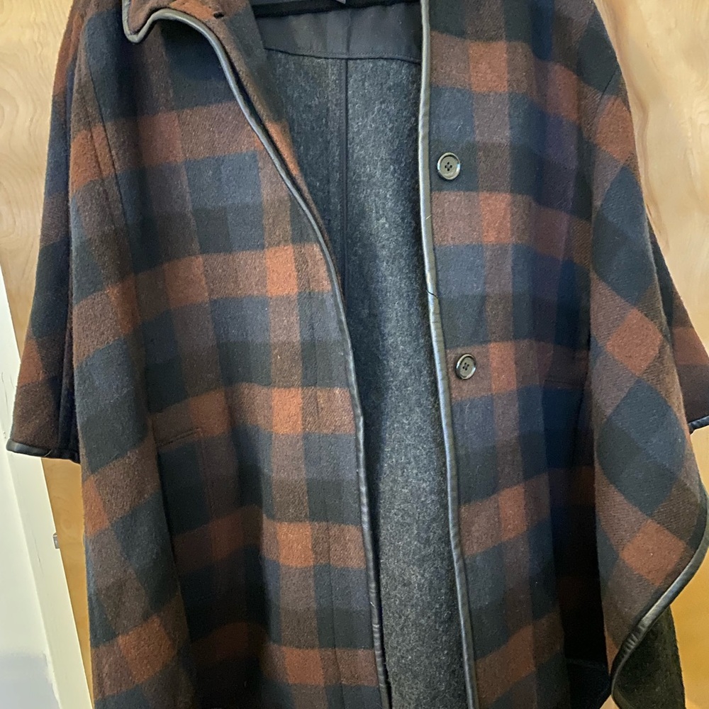 Coach plaid cape brown, black and blue, trimmed in leather,